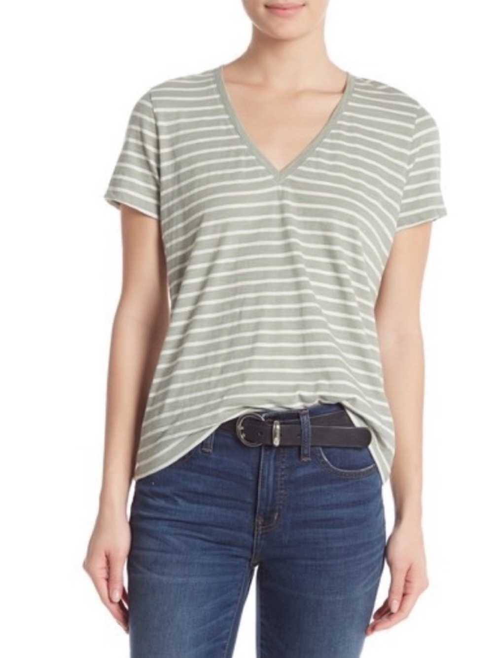 Madewell Striped V-Neck T-Shirt in Green M